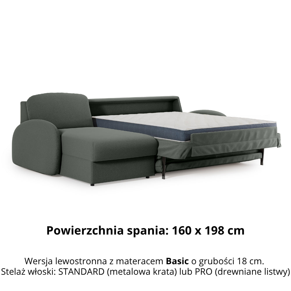 Narożnik BELLA z funkcją spania codziennego stelaż włoski z materacem 160cm i pojemnikiem na pościel lewostronny