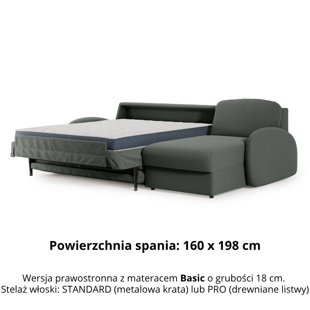 Narożnik BELLA z funkcją spania codziennego stelaż włoski z materacem 160cm i pojemnikiem na pościel prawostronny
