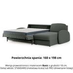Narożnik BELLA z funkcją spania codziennego stelaż włoski z materacem 160cm i pojemnikiem na pościel prawostronny