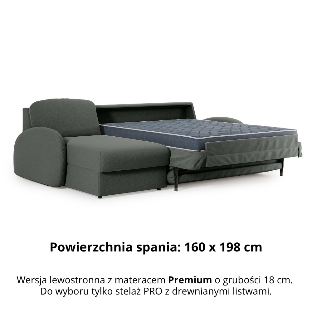 Narożnik BELLA z funkcją spania codziennego stelaż włoski z materacem 160cm i pojemnikiem na pościel lewostronny