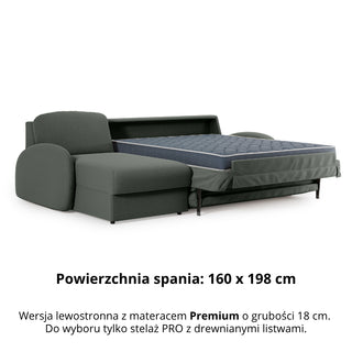 Narożnik BELLA z funkcją spania codziennego stelaż włoski z materacem 160cm i pojemnikiem na pościel lewostronny