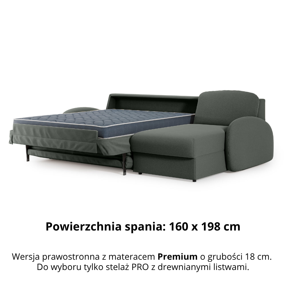 Narożnik BELLA z funkcją spania codziennego stelaż włoski z materacem 160cm i pojemnikiem na pościel prawostronny