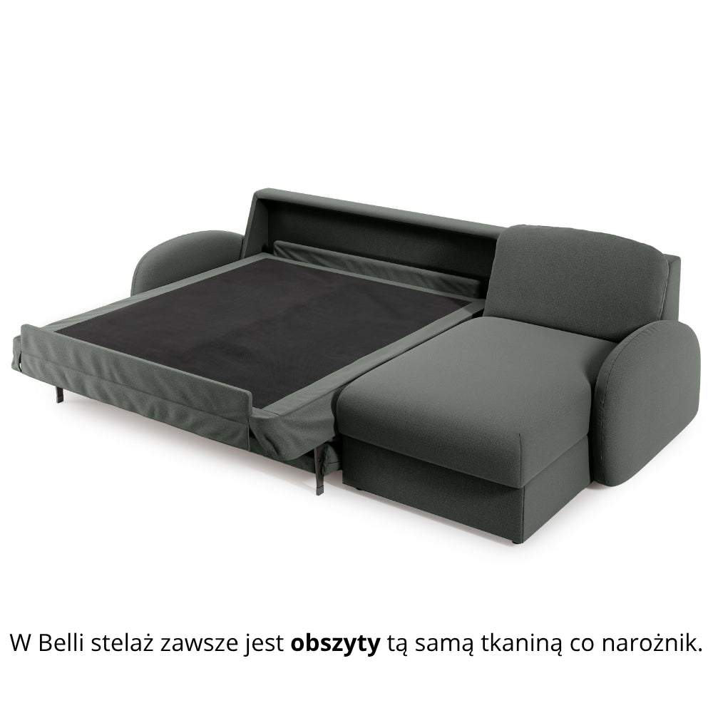 Narożnik BELLA z funkcją spania codziennego stelaż włoski z materacem 160cm i pojemnikiem na pościel prawostronny