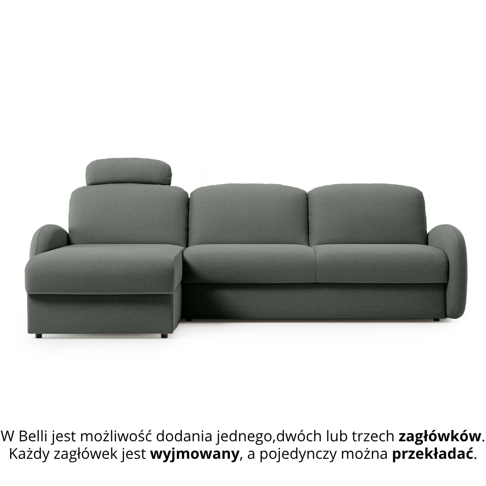 Narożnik BELLA z funkcją spania codziennego stelaż włoski z materacem 160cm i pojemnikiem na pościel lewostronny