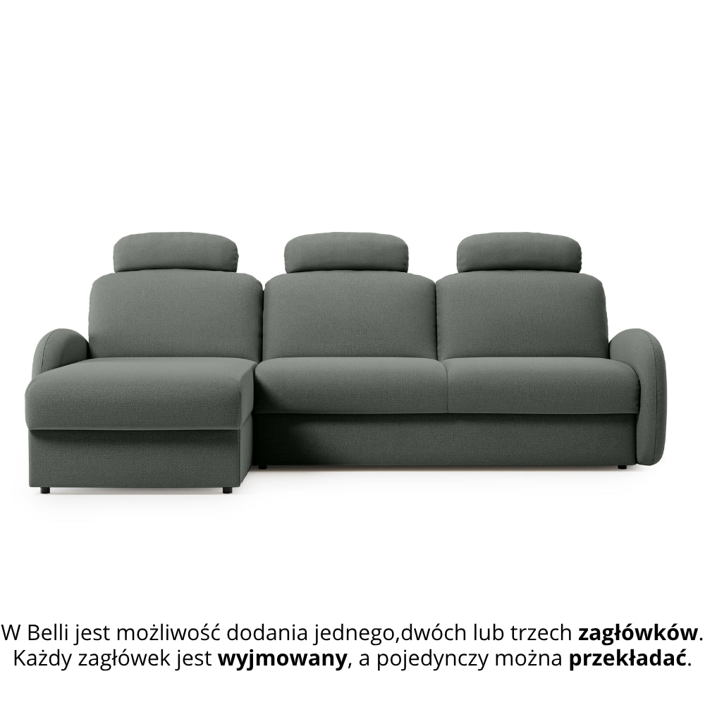 Narożnik BELLA z funkcją spania codziennego stelaż włoski z materacem 160cm i pojemnikiem na pościel lewostronny