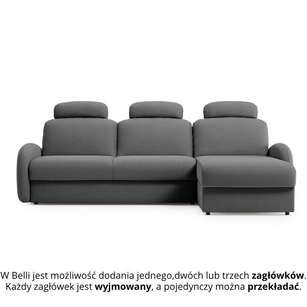 Narożnik BELLA z funkcją spania codziennego stelaż włoski z materacem 160cm i pojemnikiem na pościel prawostronny