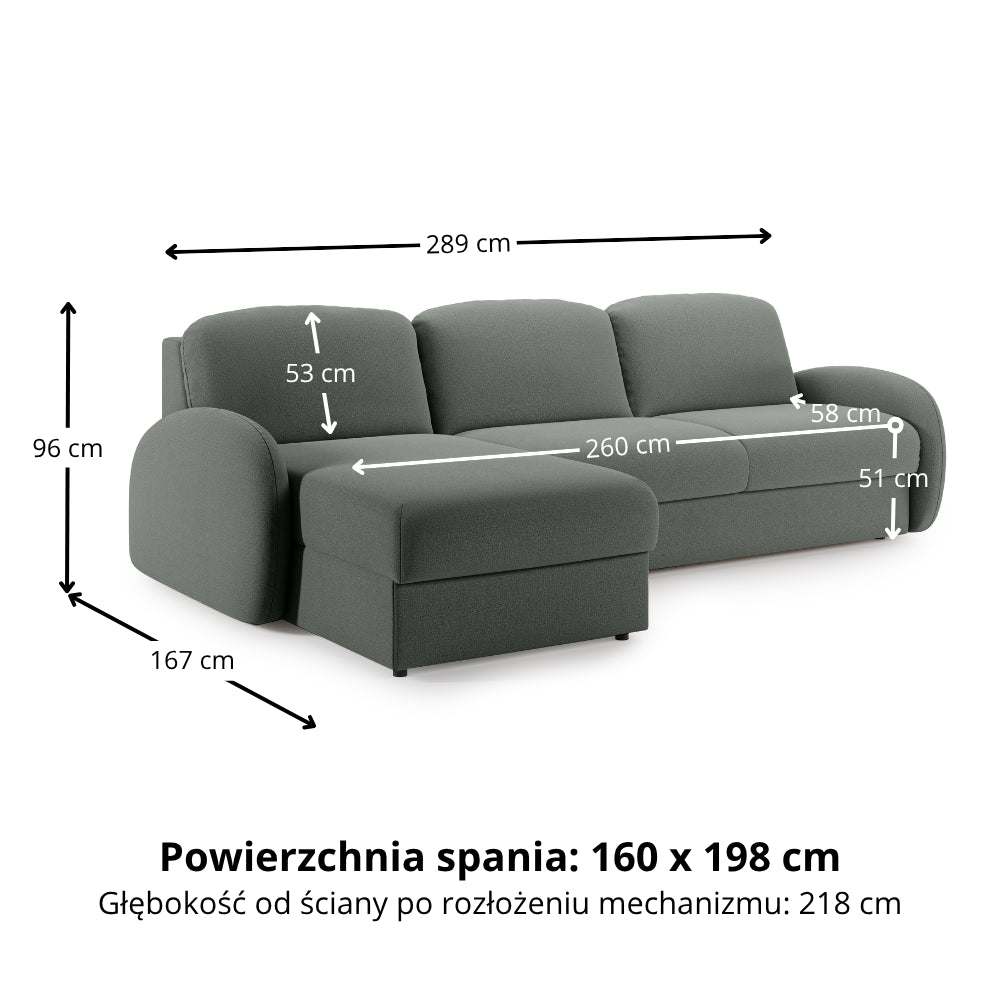 Narożnik BELLA z funkcją spania codziennego stelaż włoski z materacem 160cm i pojemnikiem na pościel lewostronny