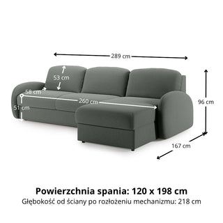 Narożnik BELLA z funkcją spania codziennego stelaż włoski z materacem 160cm i pojemnikiem na pościel prawostronny