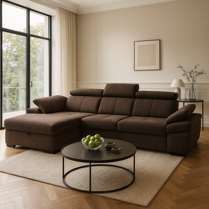 Narożnik SALERNO rozkładany z pojemnikiem i ruchomymi zagłówkami