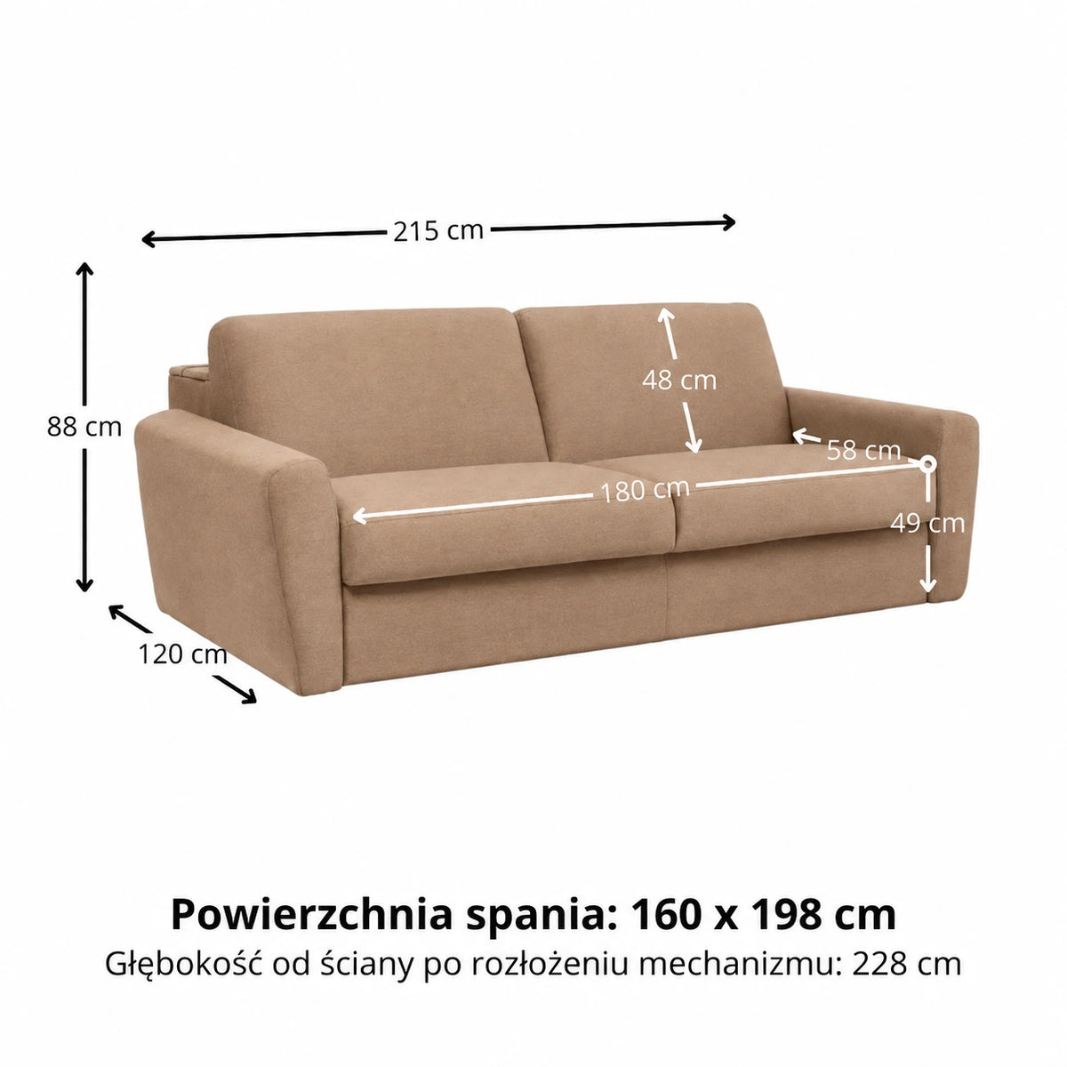 Sofa DOLLY 3 osobowa z funkcją spania stelaż włoski z materacem 160 cm i pojemnikiem