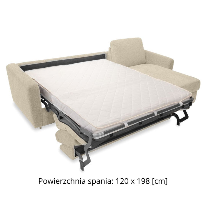 Narożnik Dolly z funkcją spania codziennego stelaż włoski z materacem 120 cm i pojemnikiem na pościel prawostronny