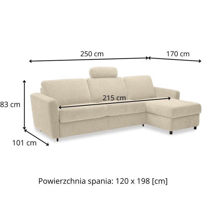 Narożnik Dolly z funkcją spania codziennego stelaż włoski z materacem 120 cm i pojemnikiem na pościel prawostronny