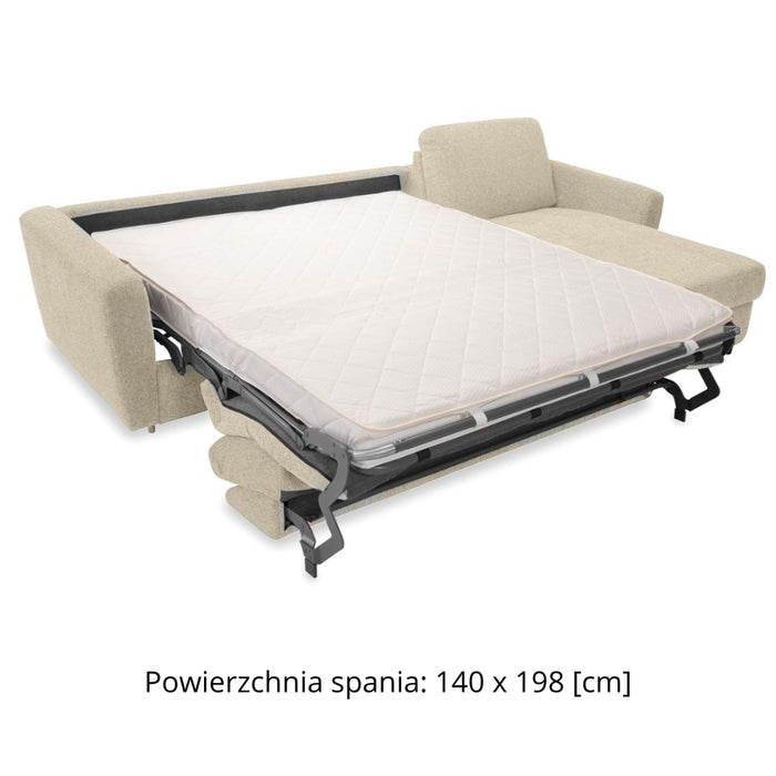 Narożnik DOLLY z funkcją spania codziennego stelaż włoski z materacem 140 cm i pojemnikiem na pościel prawostronny