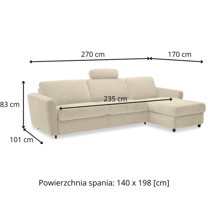 Narożnik DOLLY z funkcją spania codziennego stelaż włoski z materacem 140 cm i pojemnikiem na pościel prawostronny