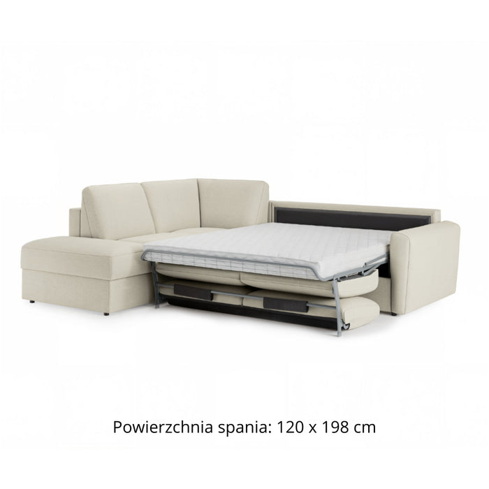 Narożnik DOLLY z otomaną funkcja spania codziennego stelaż włoski z materacem 120 cm i pojemnikiem na pościel