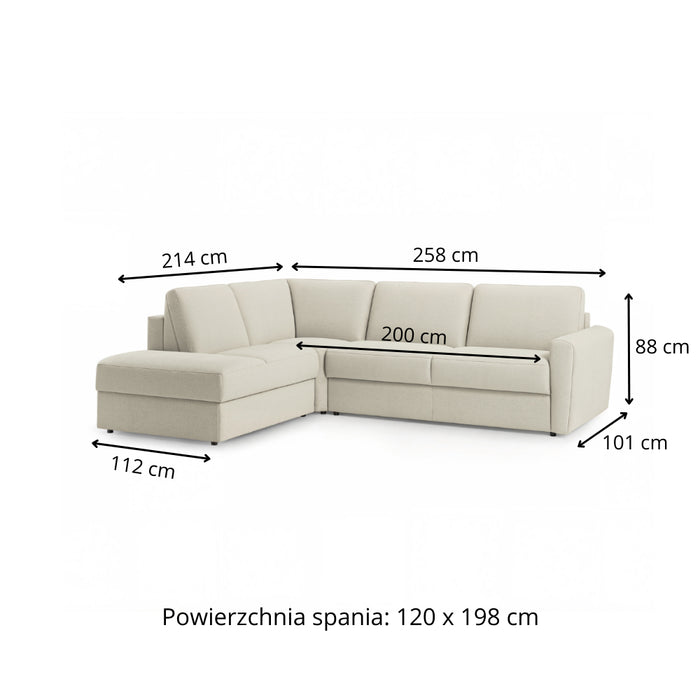 Narożnik DOLLY z otomaną funkcja spania codziennego stelaż włoski z materacem 120 cm i pojemnikiem na pościel