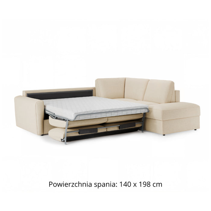 Narożnik DOLLY z otomaną funkcja spania codziennego stelaż włoski z materacem 140 cm i pojemnikiem na pościel