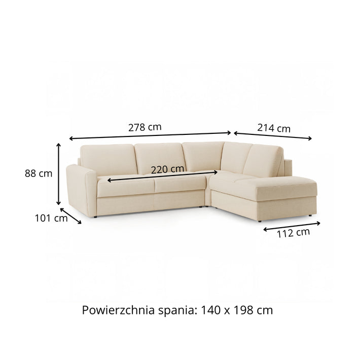 Narożnik DOLLY z otomaną funkcja spania codziennego stelaż włoski z materacem 140 cm i pojemnikiem na pościel