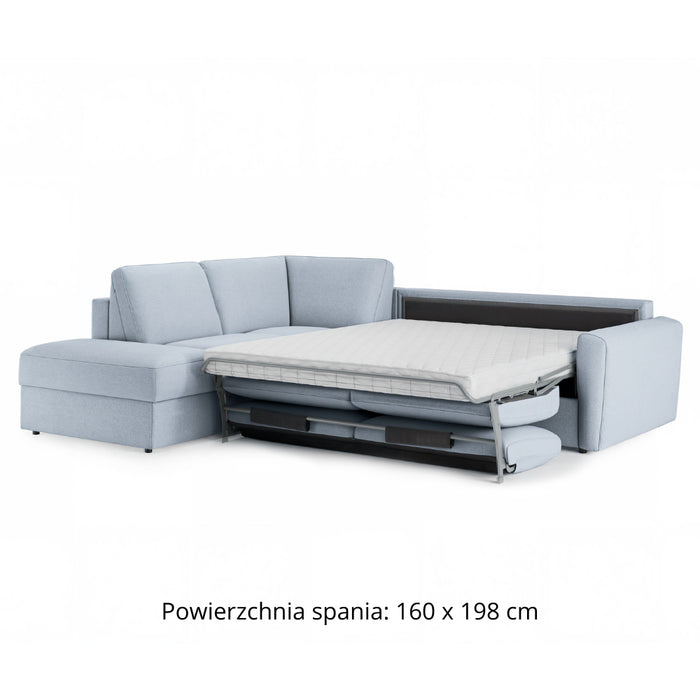 Narożnik DOLLY z otomaną funkcja spania codziennego stelaż włoski z materacem 160 cm i pojemnikiem na pościel