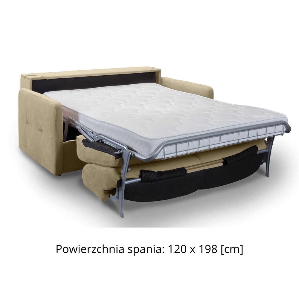 Sofa EMA 2 osobowa z pojemnikiem i funkcją spania codziennego stelaż włoski z materacem 120 cm