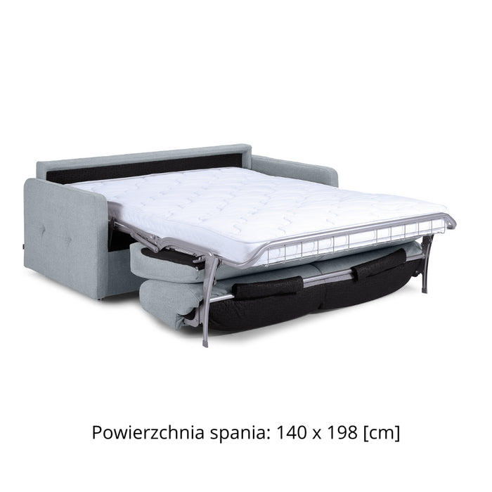 Sofa EMA 2,5 osobowa z pojemnikiem i funkcją spania codziennego stelaż włoski z materacem 140 cm