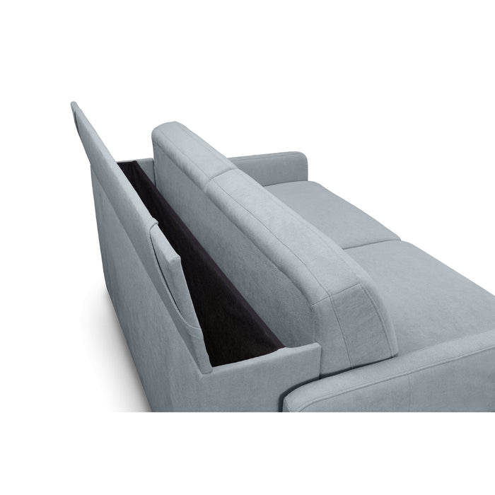 Sofa EMA 2,5 osobowa z pojemnikiem i funkcją spania codziennego stelaż włoski z materacem 140 cm