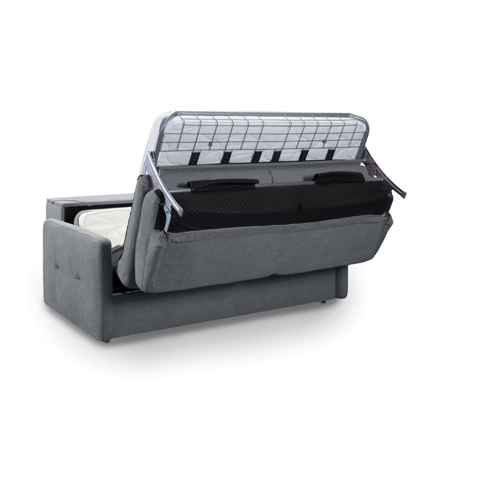 Sofa EMA 2,5 osobowa z pojemnikiem i funkcją spania codziennego stelaż włoski z materacem 140 cm