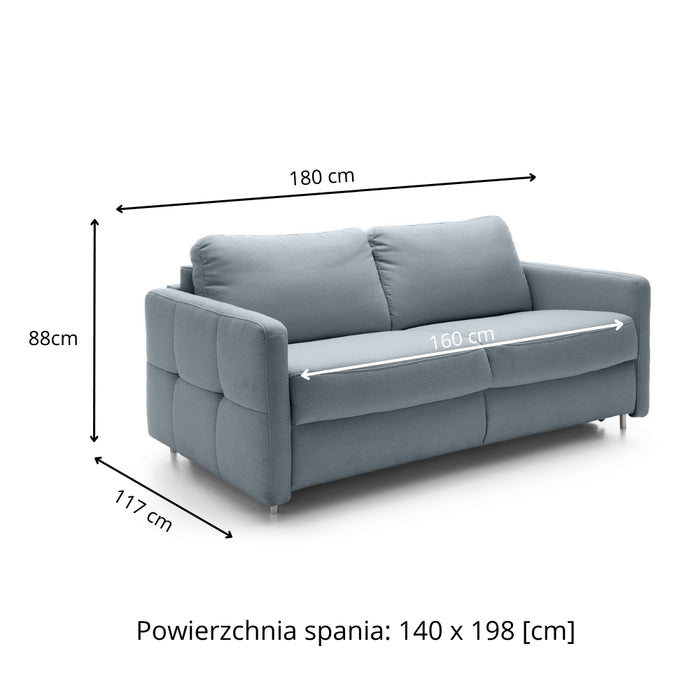 Sofa EMA 2,5 osobowa z pojemnikiem i funkcją spania codziennego stelaż włoski z materacem 140 cm