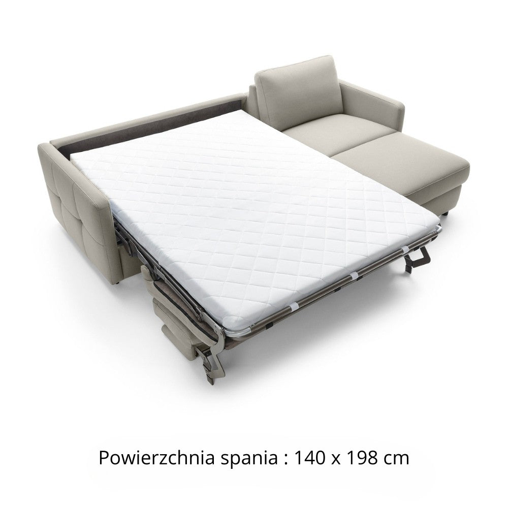 Narożnik EMA z funkcją spania codziennego stelaż włoski z materacem 140 cm i pojemnikiem na pościel