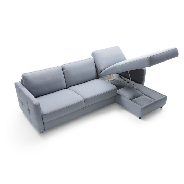 EMA corner sofa with daily sleeping function, Italian PRO frame with a 140 cm mattress and a bedding container