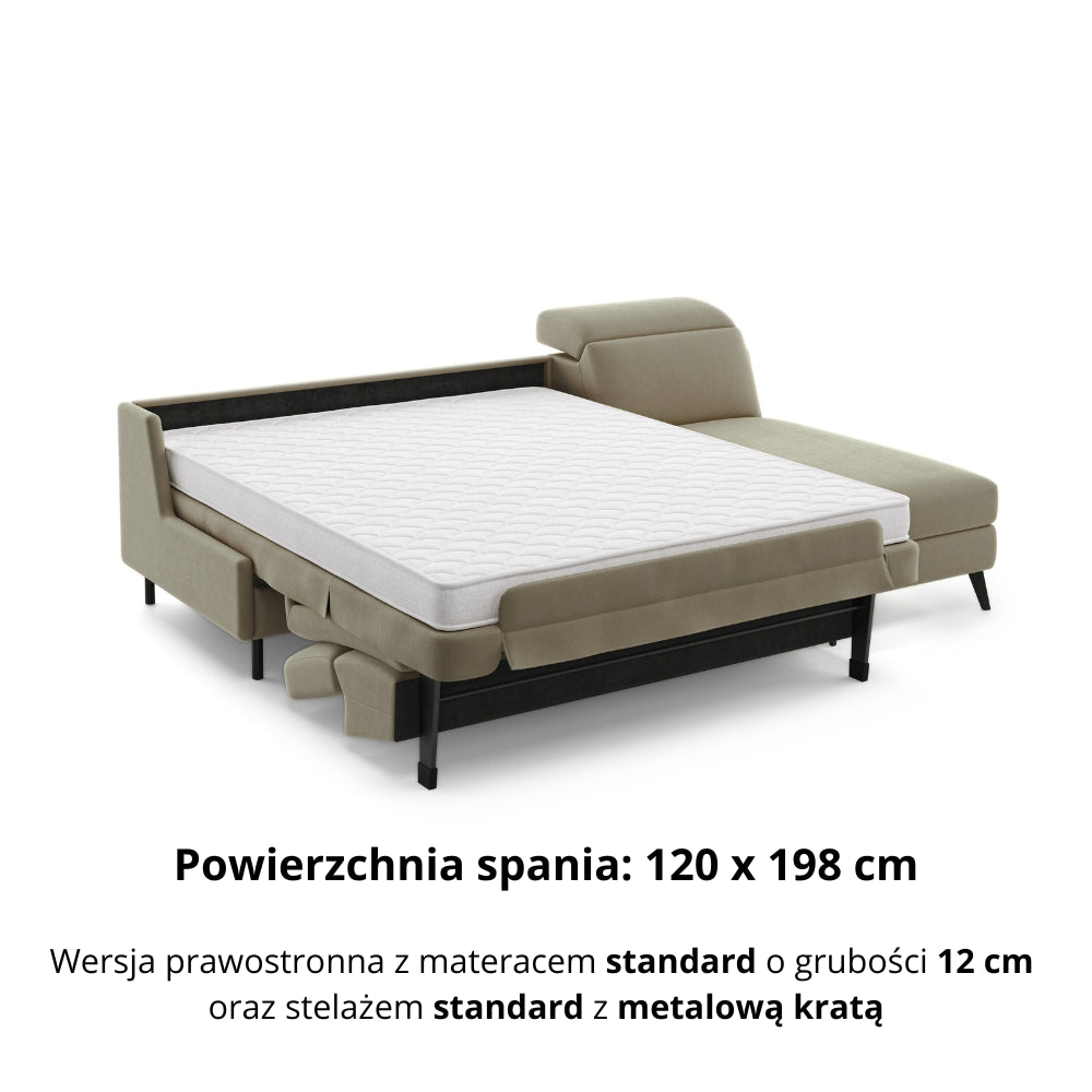 Narożnik FIBI bez boków z funkcją spania stelaż włoski z materacem 120 cm i pojemnikiem oraz ruchomymi zagłówkami