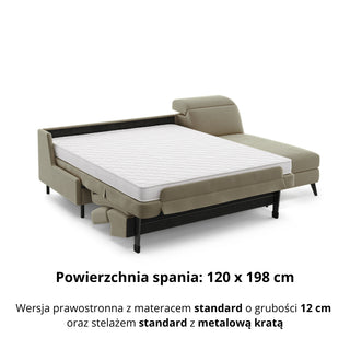 Narożnik FIBI bez boków z funkcją spania stelaż włoski z materacem 120 cm i pojemnikiem oraz ruchomymi zagłówkami