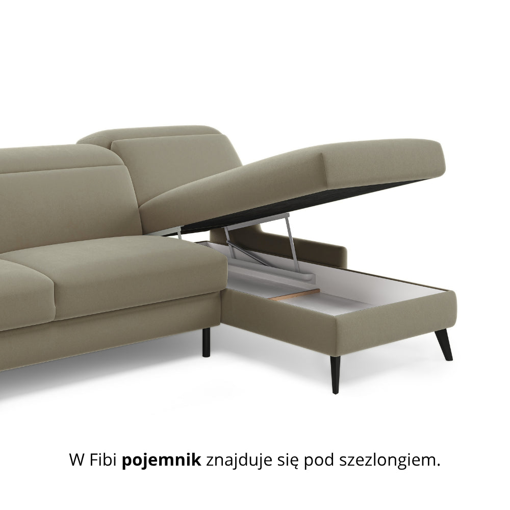 Narożnik FIBI bez boków z funkcją spania stelaż włoski z materacem 120 cm i pojemnikiem oraz ruchomymi zagłówkami