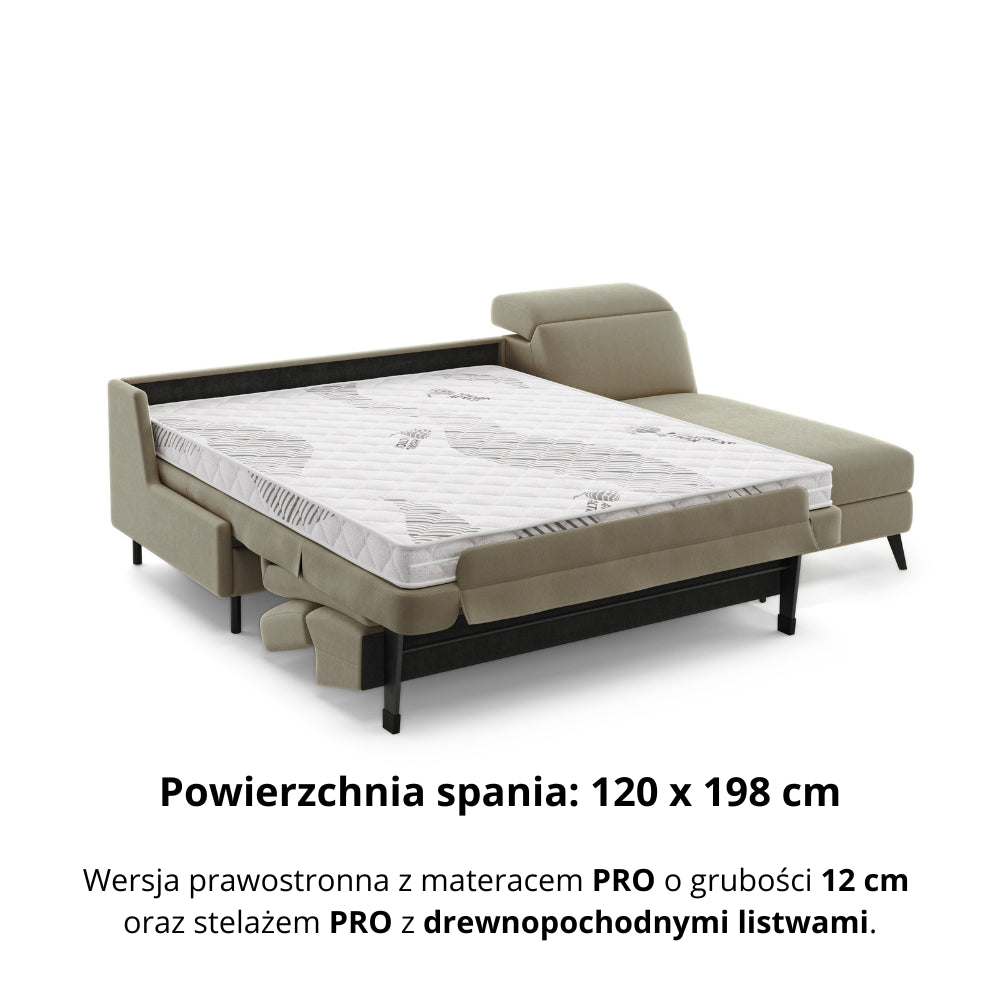 Narożnik FIBI bez boków z funkcją spania stelaż włoski z materacem 120 cm i pojemnikiem oraz ruchomymi zagłówkami