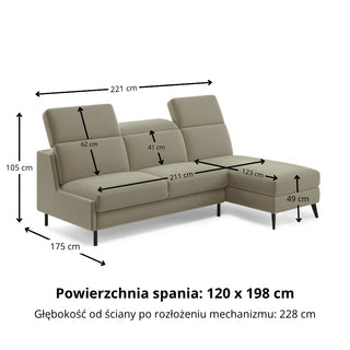 Narożnik FIBI bez boków z funkcją spania stelaż włoski z materacem 120 cm i pojemnikiem oraz ruchomymi zagłówkami