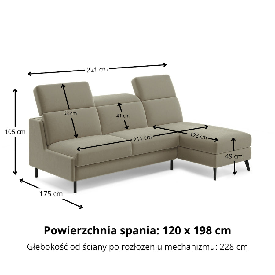 Narożnik FIBI bez boków z funkcją spania stelaż włoski z materacem 120 cm i pojemnikiem oraz ruchomymi zagłówkami