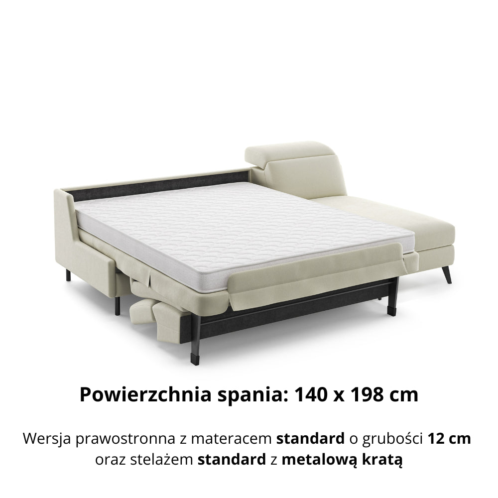 Narożnik FIBI bez boków z funkcją spania stelaż włoski z materacem 140 cm i pojemnikiem oraz ruchomymi zagłówkami