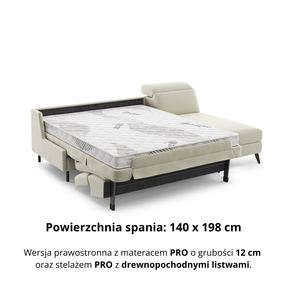 Narożnik FIBI bez boków z funkcją spania stelaż włoski z materacem 140 cm i pojemnikiem oraz ruchomymi zagłówkami