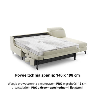 Narożnik FIBI bez boków z funkcją spania stelaż włoski z materacem 140 cm i pojemnikiem oraz ruchomymi zagłówkami