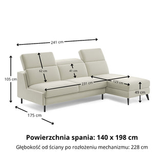 Narożnik FIBI bez boków z funkcją spania stelaż włoski z materacem 140 cm i pojemnikiem oraz ruchomymi zagłówkami