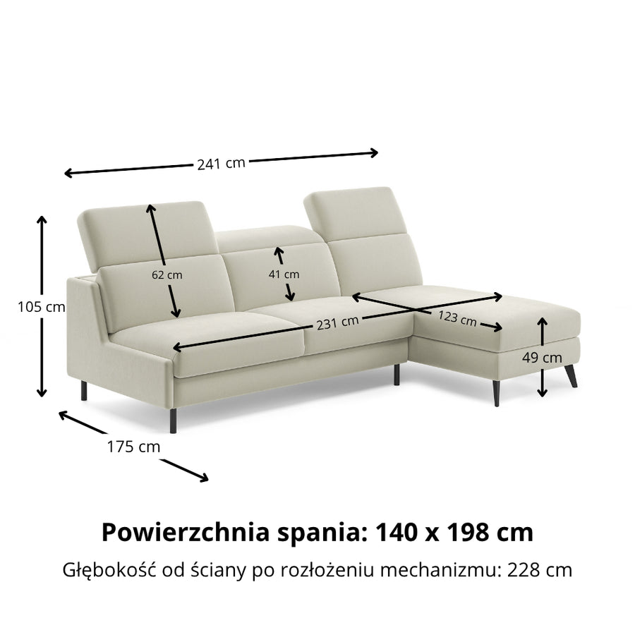 Narożnik FIBI bez boków z funkcją spania stelaż włoski z materacem 140 cm i pojemnikiem oraz ruchomymi zagłówkami