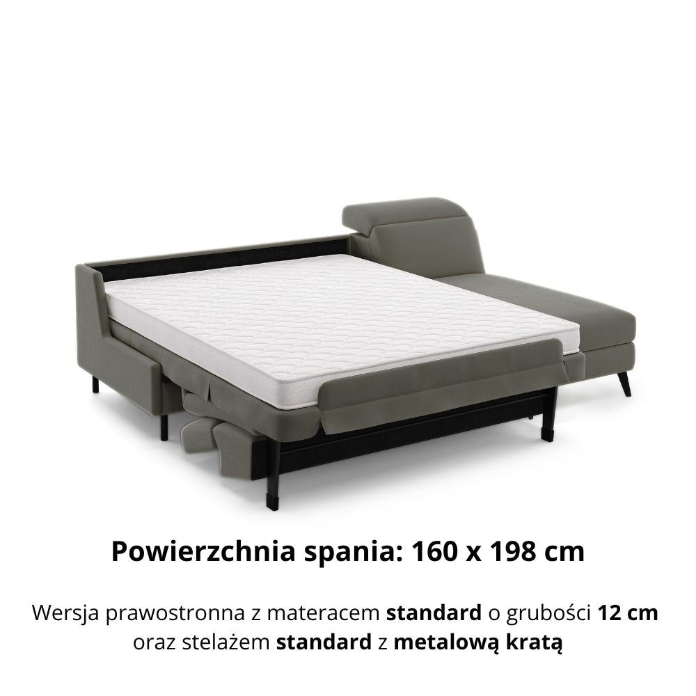 Narożnik FIBI bez boków z funkcją spania stelaż włoski z materacem 160 cm i pojemnikiem oraz ruchomymi zagłówkami