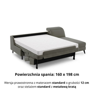 Narożnik FIBI bez boków z funkcją spania stelaż włoski z materacem 160 cm i pojemnikiem oraz ruchomymi zagłówkami
