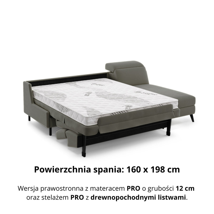 Narożnik FIBI bez boków z funkcją spania stelaż włoski z materacem 160 cm i pojemnikiem oraz ruchomymi zagłówkami