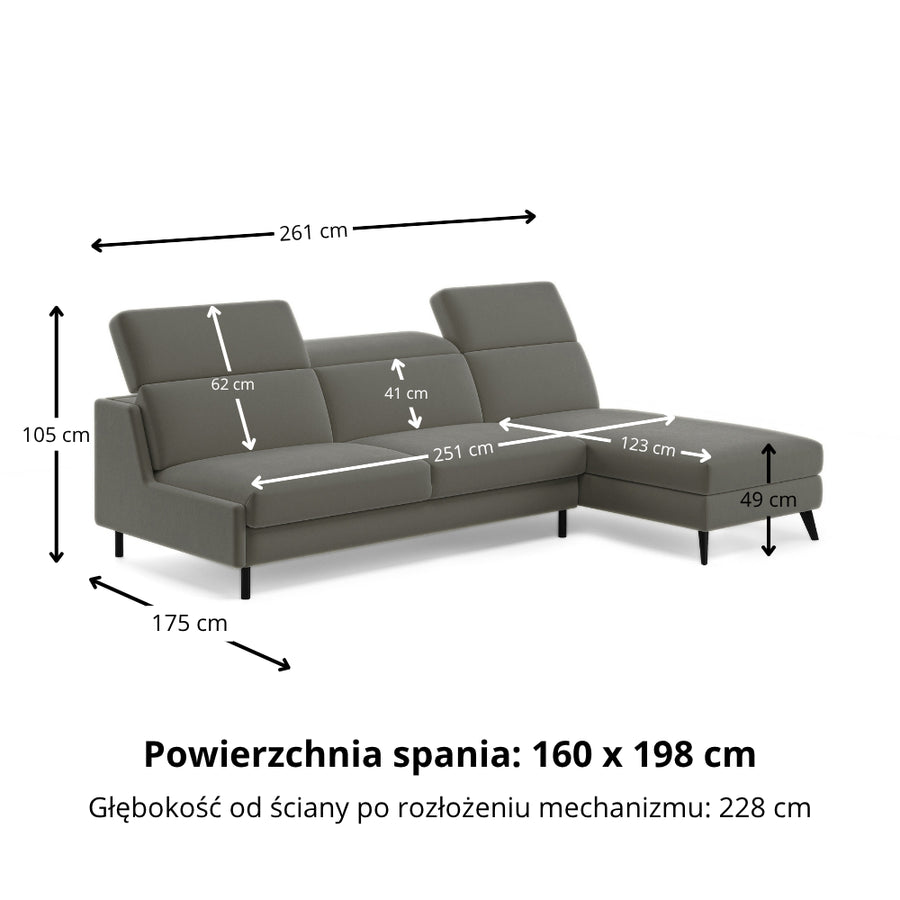 Narożnik FIBI bez boków z funkcją spania stelaż włoski z materacem 160 cm i pojemnikiem oraz ruchomymi zagłówkami
