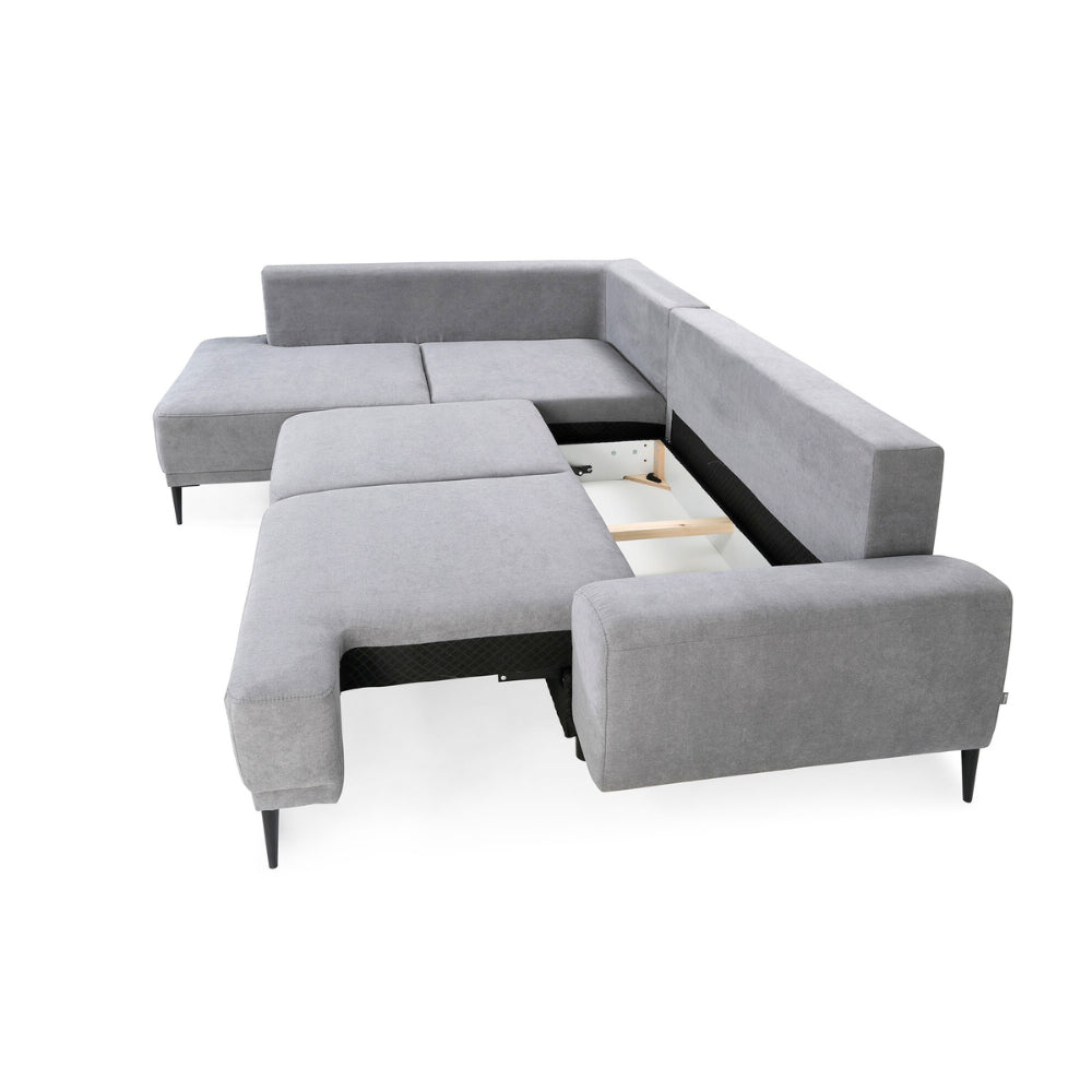 Narożnik GOLF rozkładany z pojemnikiem, dekoracyjnymi poduszkami na wysokich nóżkach