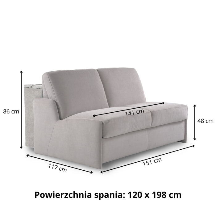 Sofa KIRA bez boków z funkcją spania codziennego stelaż włoski z materacem 120 cm i pojemnikiem