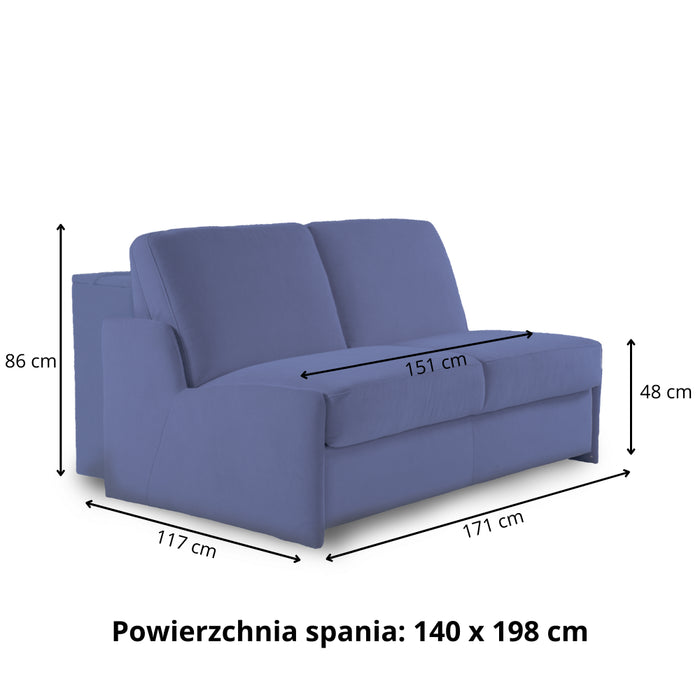 Sofa KIRA bez boków z funkcją spania codziennego stelaż włoski z materacem 140 cm i pojemnikiem