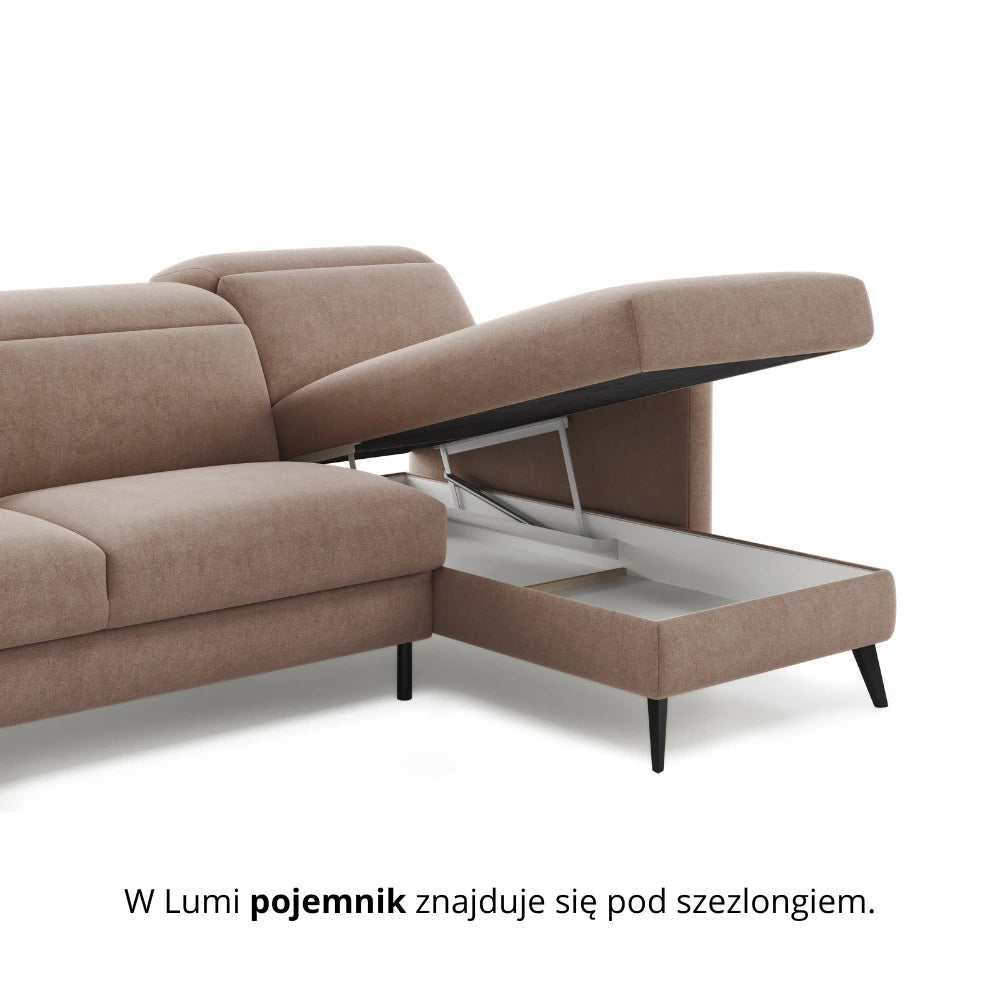 Narożnik LUMI z funkcją spania stelaż włoski z materacem 120 cm i pojemnikiem oraz ruchomymi zagłówkami