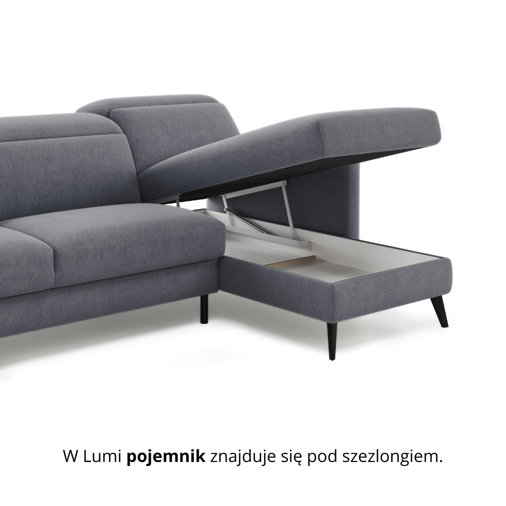 Narożnik LUMI z funkcją spania stelaż włoski z materacem 160 cm i pojemnikiem oraz ruchomymi zagłówkami